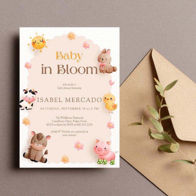 Invitación Bebé en Baby Shower de animales de granja en flor (Subido por el creador)