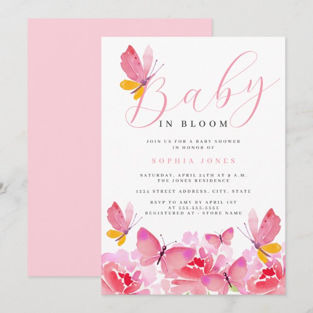 Invitación Bebé en Baby Shower floral de mariposa rosa (Anverso / Reverso)