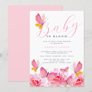 Invitación Bebé en Baby Shower floral de mariposa rosa