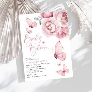 Invitación Bebé en Baby Shower floral rosa con mariposa en fl