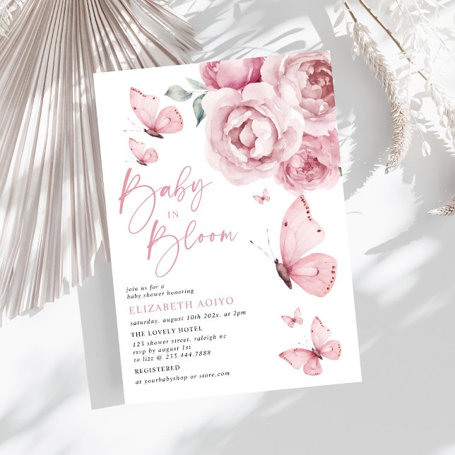 Invitación Bebé en Baby Shower floral rosa con mariposa en fl (Subido por el creador)