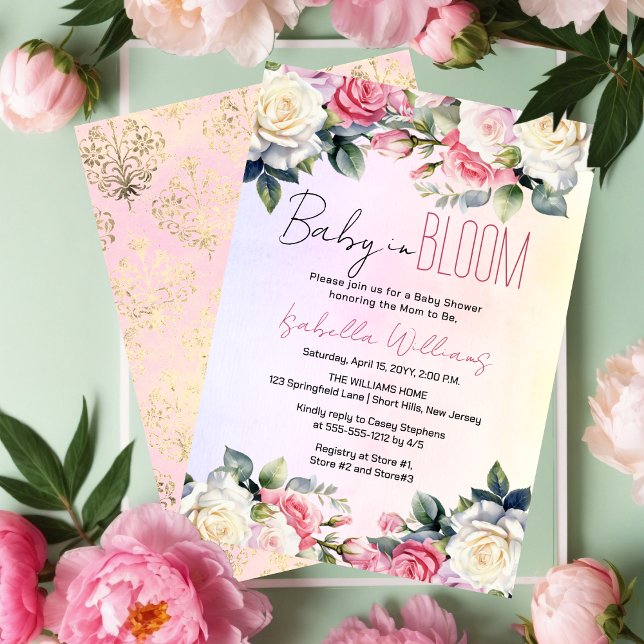 Invitación Bebé en Baby Shower floreciente de rosas (Pink and White Roses Baby in Bloom Girl Floral Baby Shower Invitation)