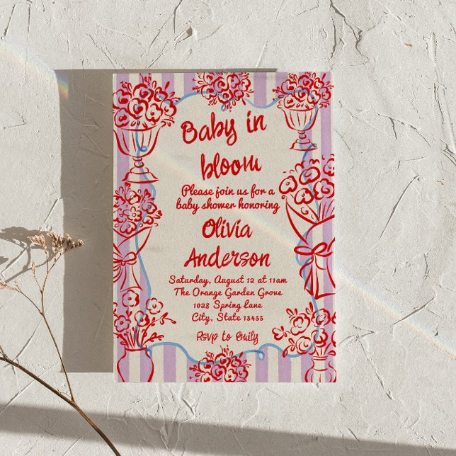 Invitación Bebé en Baby Shower retro con flores dibujadas a m (Subido por el creador)