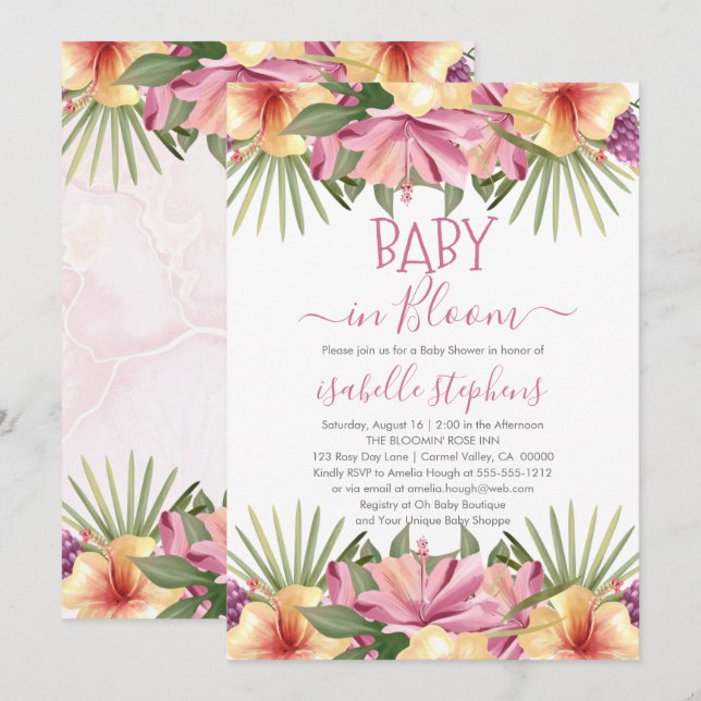 Invitación Bebé en Baby Shower tropical rosa con sangre (Anverso / Reverso)