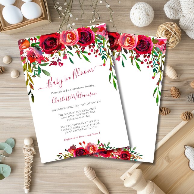 Invitación Bebé En Bebé Acuarela Chica Floral Ducha (Baby In Bloom Watercolor Floral Girl Shower Invitation)