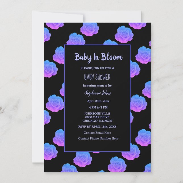 Invitación Bebé En Bloom Baby Shower Azul Púrpura Rosa Negro (Anverso)