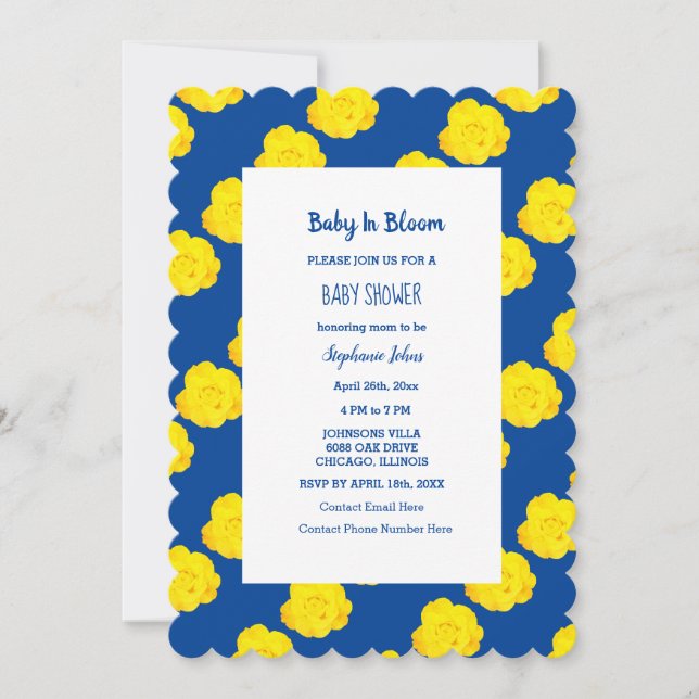 Invitación Bebé En Bloom Baby Shower Floral Azul De La Marina (Anverso)