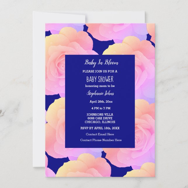Invitación Bebé En Bloom Baby Shower Rosa Rosa Azul Floral (Anverso)