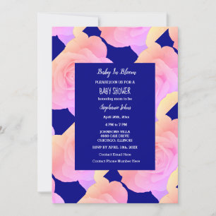 Invitación Bebé En Bloom Baby Shower Rosa Rosa Azul Floral