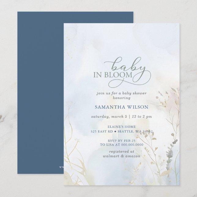 Invitación Bebé en Bloom Blue Floral Boy Baby Shower (Anverso / Reverso)