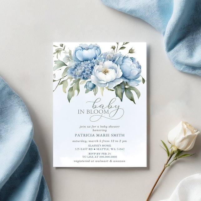 Invitación Bebé en Bloom Blue Floral Boy Baby Shower (Baby in Bloom Blue Floral Boy Baby Shower Invitation)