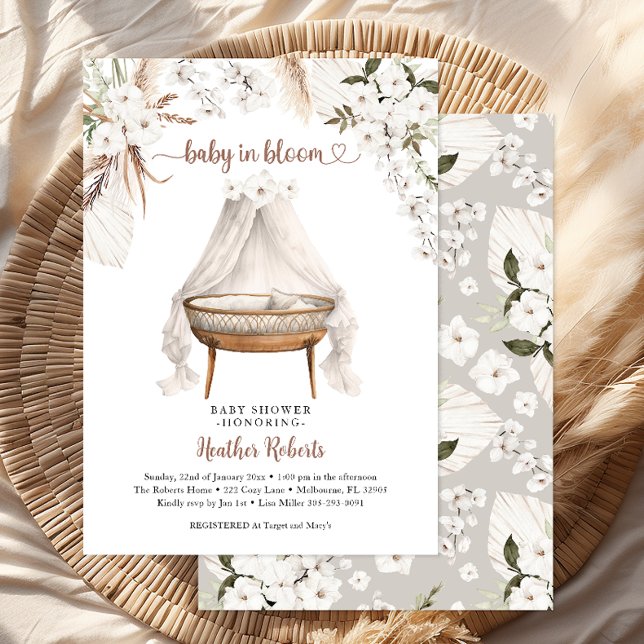 Invitación Bebé en Bloom Boho Baby Shower invita a la Pampas  (Baby In Bloom Heart Script Invitation)