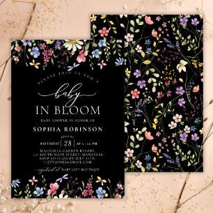 Invitación Bebé en Bloom Boho Wildflower Baby Shower negro