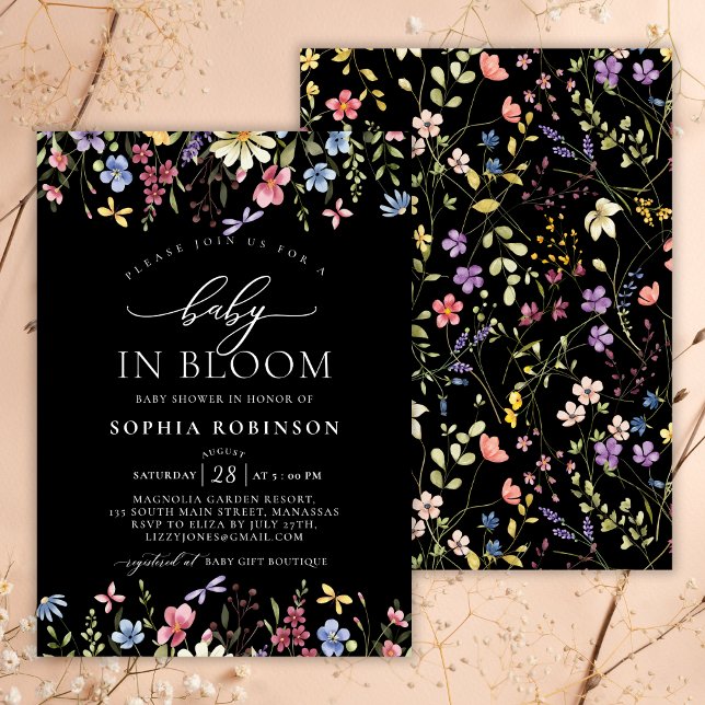 Invitación Bebé en Bloom Boho Wildflower Baby Shower negro (Subido por el creador)