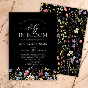 Invitación Bebé en Bloom Boho Wildflower Baby Shower negro