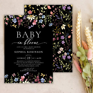 Invitación Bebé en Bloom Boho Wildflower Baby Shower negro