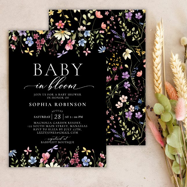 Invitación Bebé en Bloom Boho Wildflower Baby Shower negro (Subido por el creador)