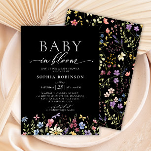 Invitación Bebé en Bloom Boho Wildflower Baby Shower negro