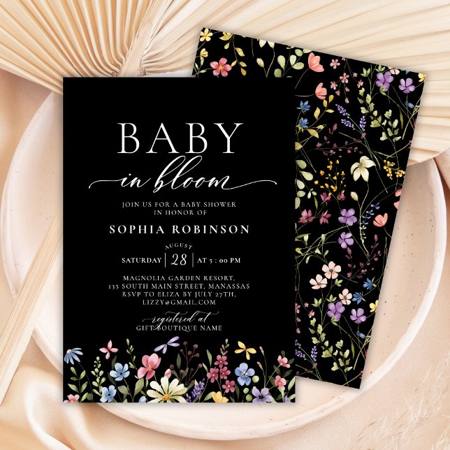 Invitación Bebé en Bloom Boho Wildflower Baby Shower negro (Subido por el creador)