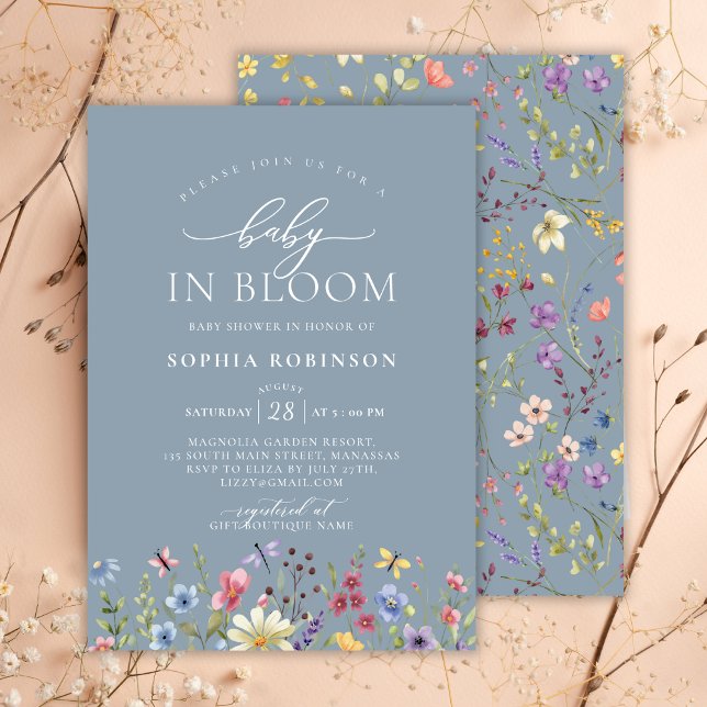 Invitación Bebé en Bloom Boho Wildflower Blue Baby Shower (Subido por el creador)