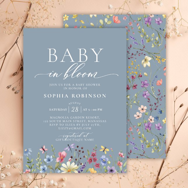 Invitación Bebé en Bloom Boho Wildflower Blue Baby Shower (Subido por el creador)