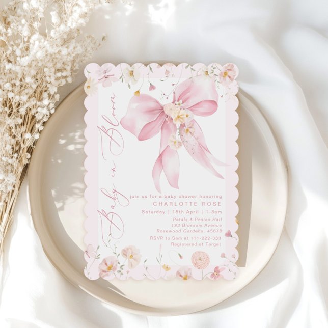 Invitación Bebé en Bloom Bow Rosa Flor silvestre (Subido por el creador)
