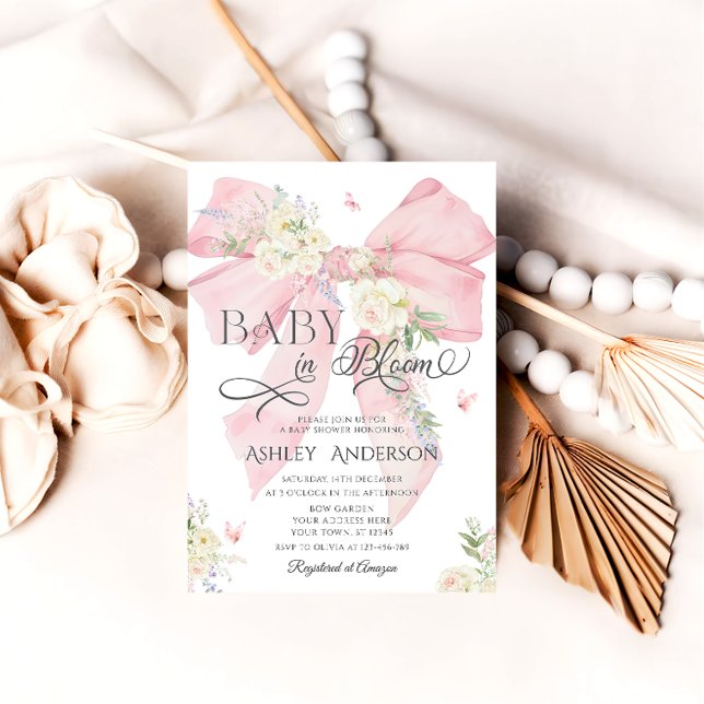 Invitación Bebé En Bloom Bow Rosa Y Baby Shower Floral (Subido por el creador)