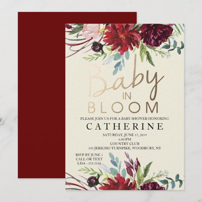 Invitación Bebé en Bloom, Burgundy Floral Baby Shower (Anverso / Reverso)