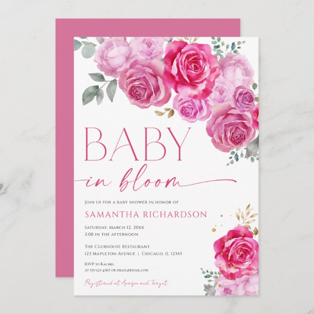 Invitación Bebé en Bloom chica floral caliente rosa fucsia br (Anverso / Reverso)