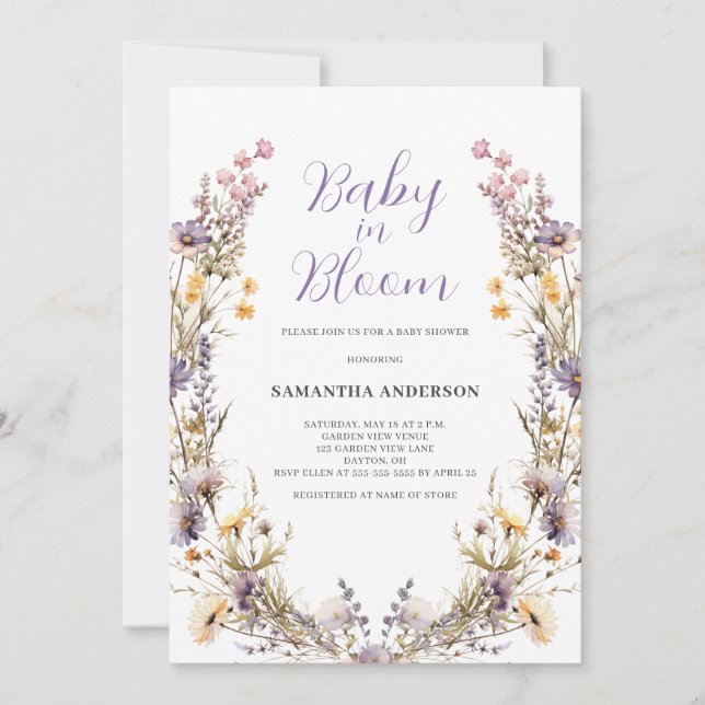 Invitación Bebé En Bloom Chica Morado Floral Baby Shower (Anverso)