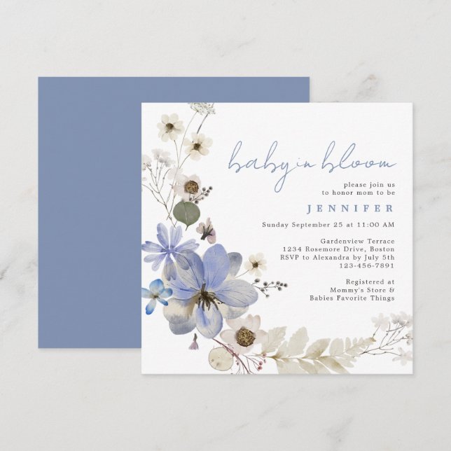 Invitación Bebé En Bloom Dusty Blue Floral Baby Shower (Anverso / Reverso)