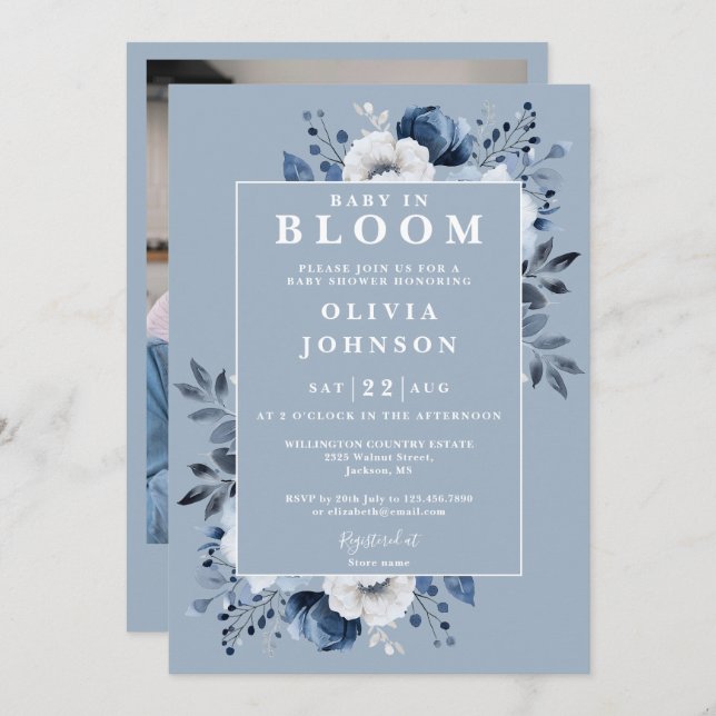 Invitación Bebé En Bloom Dusty Blue Floral Photo Baby Shower (Anverso / Reverso)