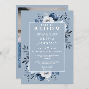 Invitación Bebé En Bloom Dusty Blue Floral Photo Baby Shower
