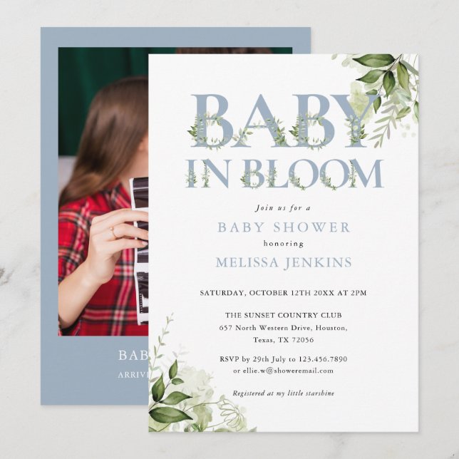 Invitación Bebé En Bloom Dusty Foliage Azul Foto Baby Shower (Anverso / Reverso)