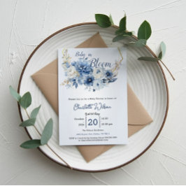 Invitación Bebé En Bloom Elegante Flores Azules Baby Shower