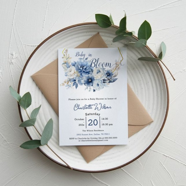 Invitación Bebé En Bloom Elegante Flores Azules Baby Shower (Subido por el creador)