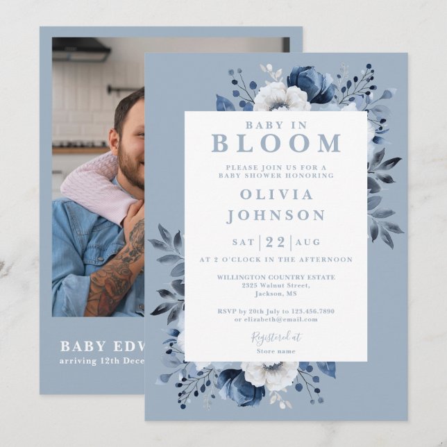 Invitación Bebé En Bloom Floral Azul Foto QR Baby Shower (Anverso / Reverso)