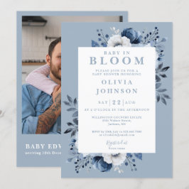 Invitación Bebé En Bloom Floral Azul Foto QR Baby Shower