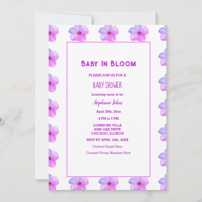 Invitación Bebé En Bloom Floral Chica De Baby Shower Púrpura  (Anverso)