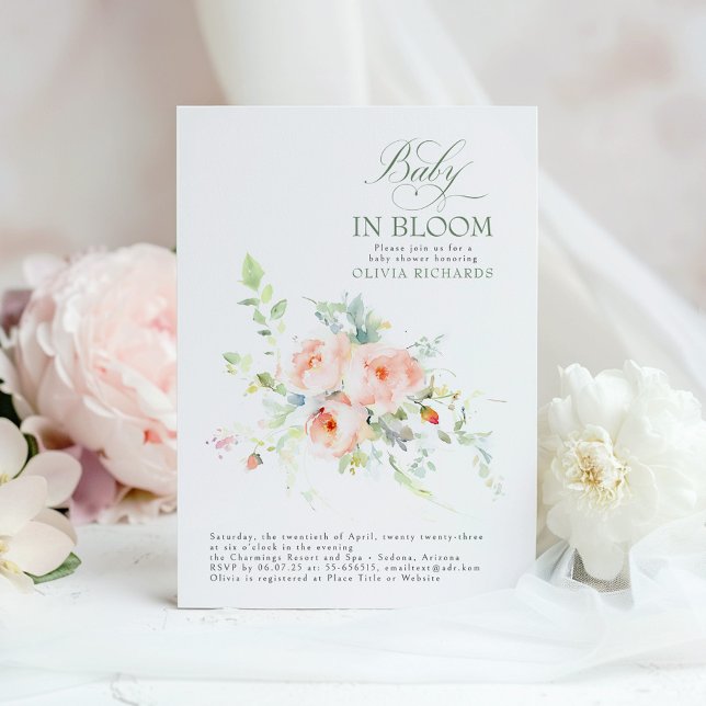Invitación Bebé En Bloom Floral Elegante Baby Shower (Pink Floral Baby In Bloom Baby Shower Invitation)