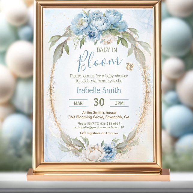 Invitación Bebé En Bloom Floral Elegante Blue Boy Baby Shower (Baby In Bloom Floral Elegant Blue Boy Baby Shower Invitation)