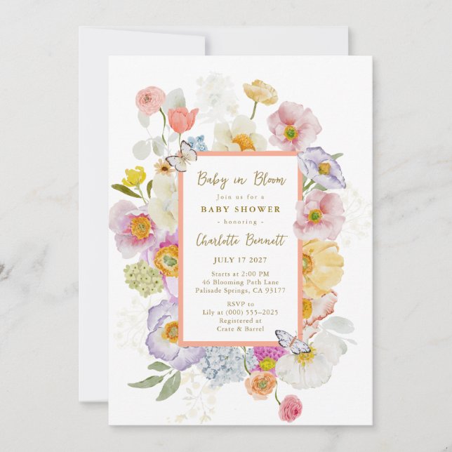 Invitación Bebé En Bloom Floral Mariposa Baby Shower (Anverso)