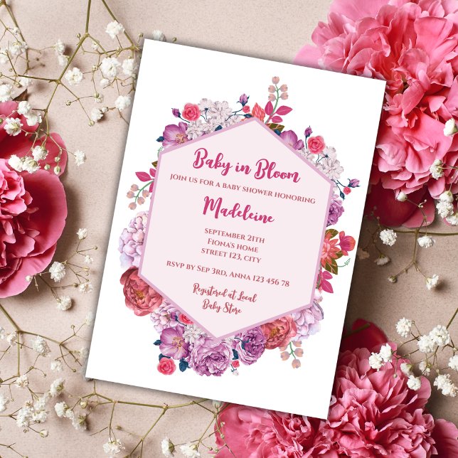 Invitación Bebé En Bloom Floral Wreath Chica Baby Shower (baby in bloom baby shower invitation pink floral wreath elegant flowers)