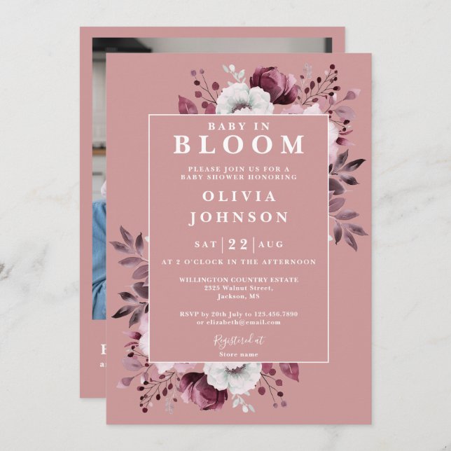 Invitación Bebé En Bloom Foto Floral Rosa QR Baby Shower (Anverso / Reverso)