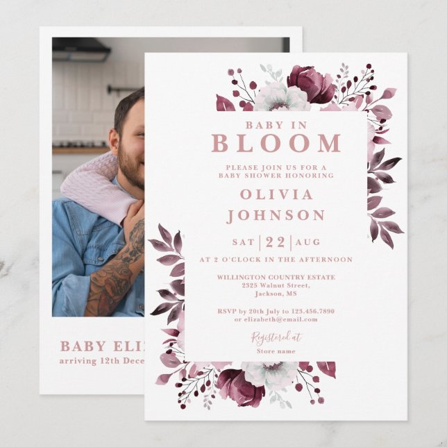 Invitación Bebé En Bloom Foto Floral Rosa QR Baby Shower (Anverso / Reverso)
