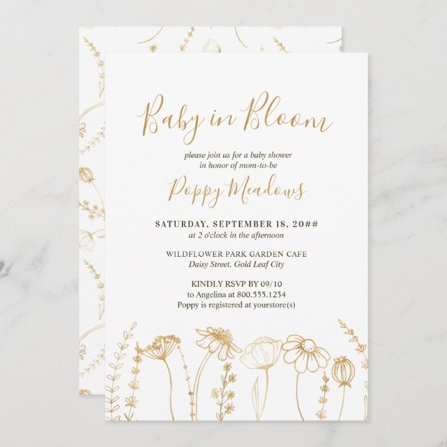 Invitación Bebé en Bloom Gold Wildflower Sketch Baby Shower (Anverso / Reverso)