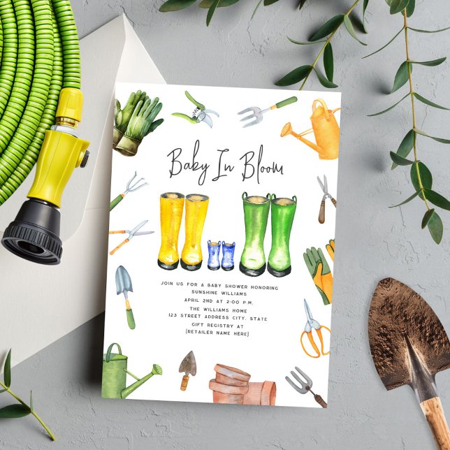 Invitación Bebé En Bloom Lluvia Azul Boots Gardening (Subido por el creador)