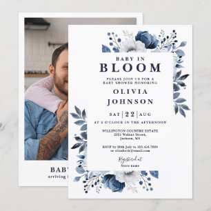Invitación Bebé En Bloom Naval Floral Azul Foto Baby Shower