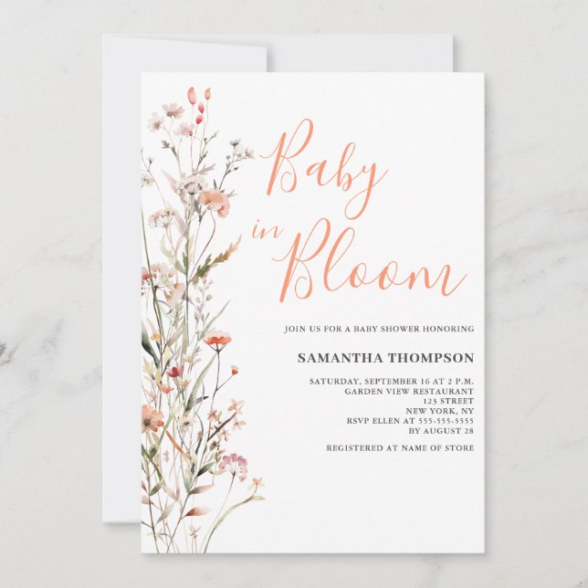 Invitación Bebé En Bloom Peach Chica Floral Baby Shower (Anverso)
