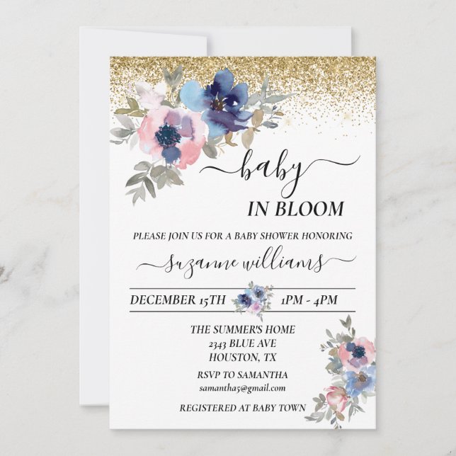 Invitación Bebé en Bloom Pink Blue Handwriti Gold Confetti (Anverso)